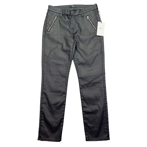 7 For All Mankind Coated Black Skinny Pants Zip Pocket Detail Sz 29 Grunge Boho - Picture 1 of 9